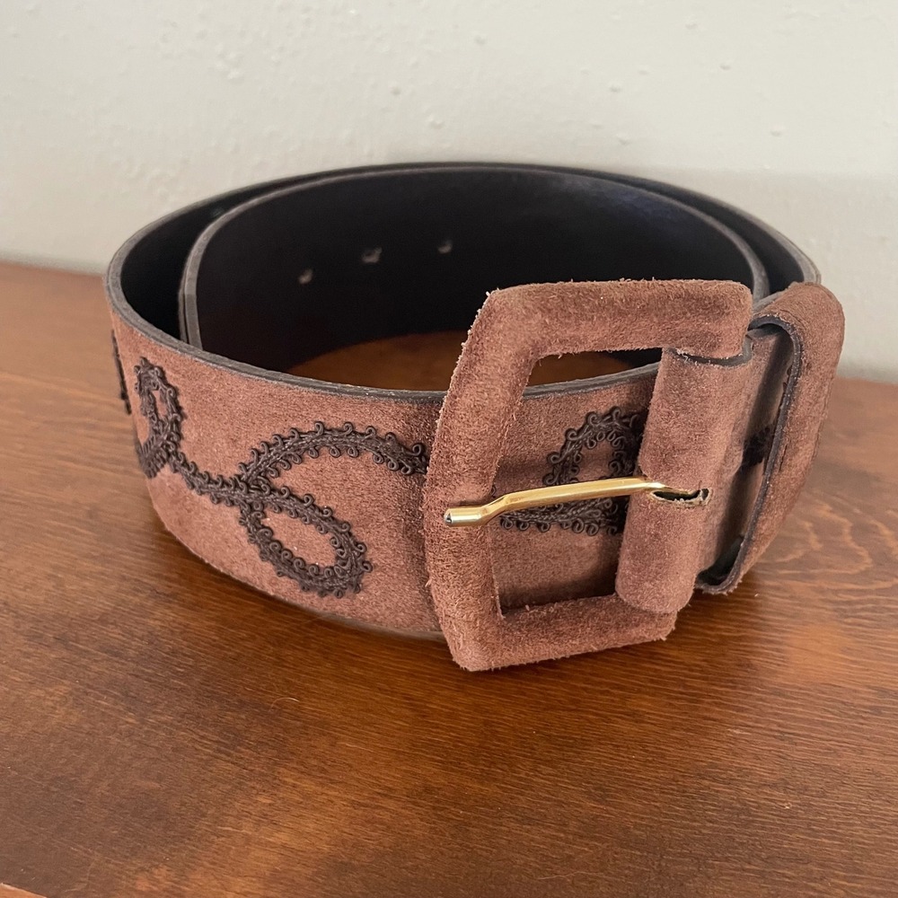 Vintage MAX MARA Belt Microsuede Embroidered Loop Design Wide Big Buckle *READ - Picture 2 of 15